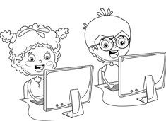 兩位小朋友在一起上編程課的簡筆畫圖片